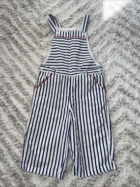 6-7 Beebay Vintage Striped Navy & White Kids Overalls with Red Trim